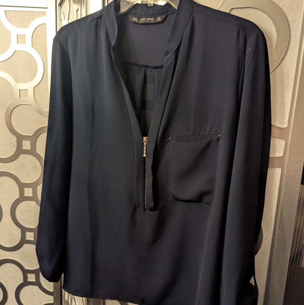 Zara Navy Blouse with Front Zip
